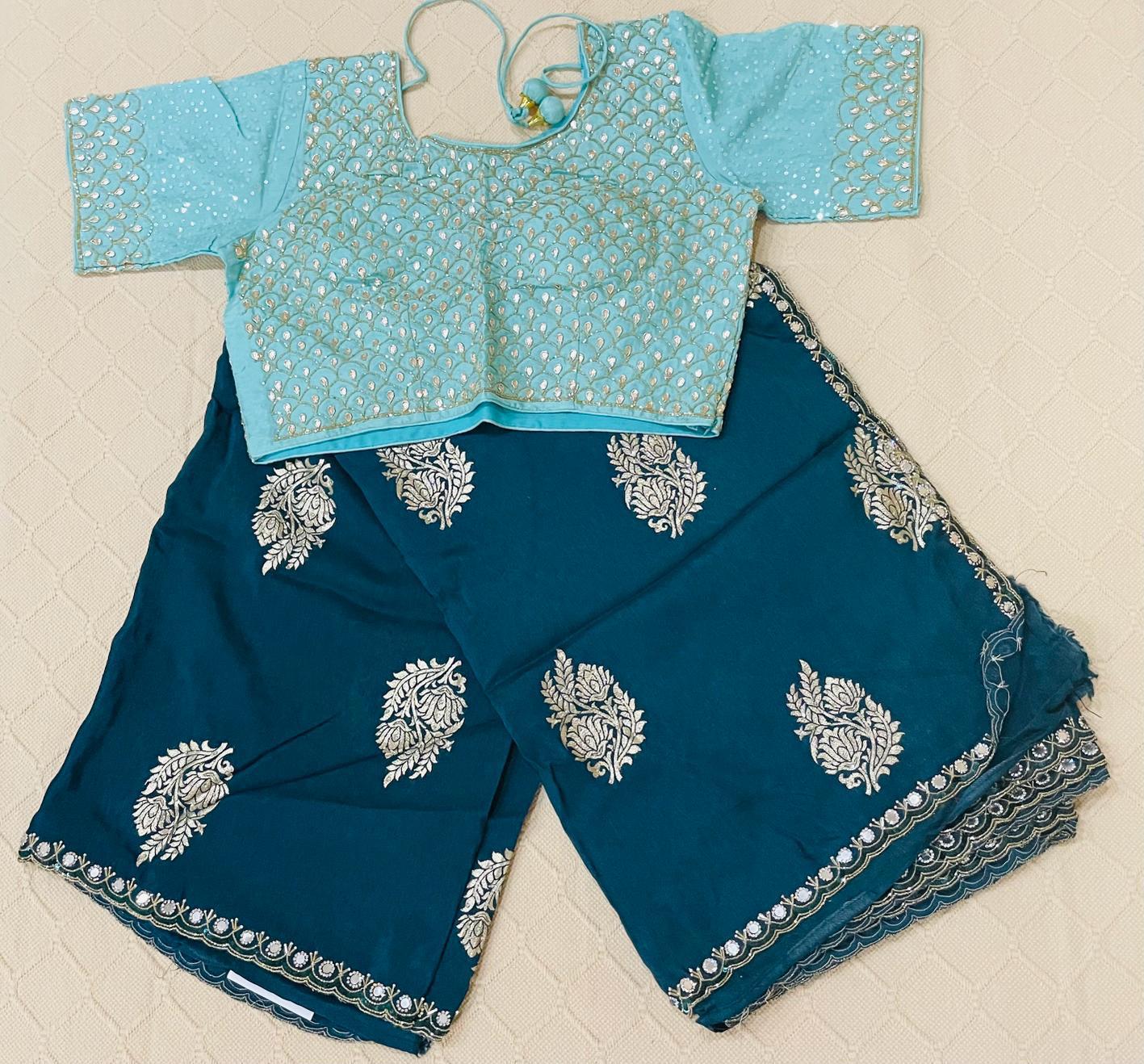 Premium Fancy Saree in dark peacock blue and sky blue combination