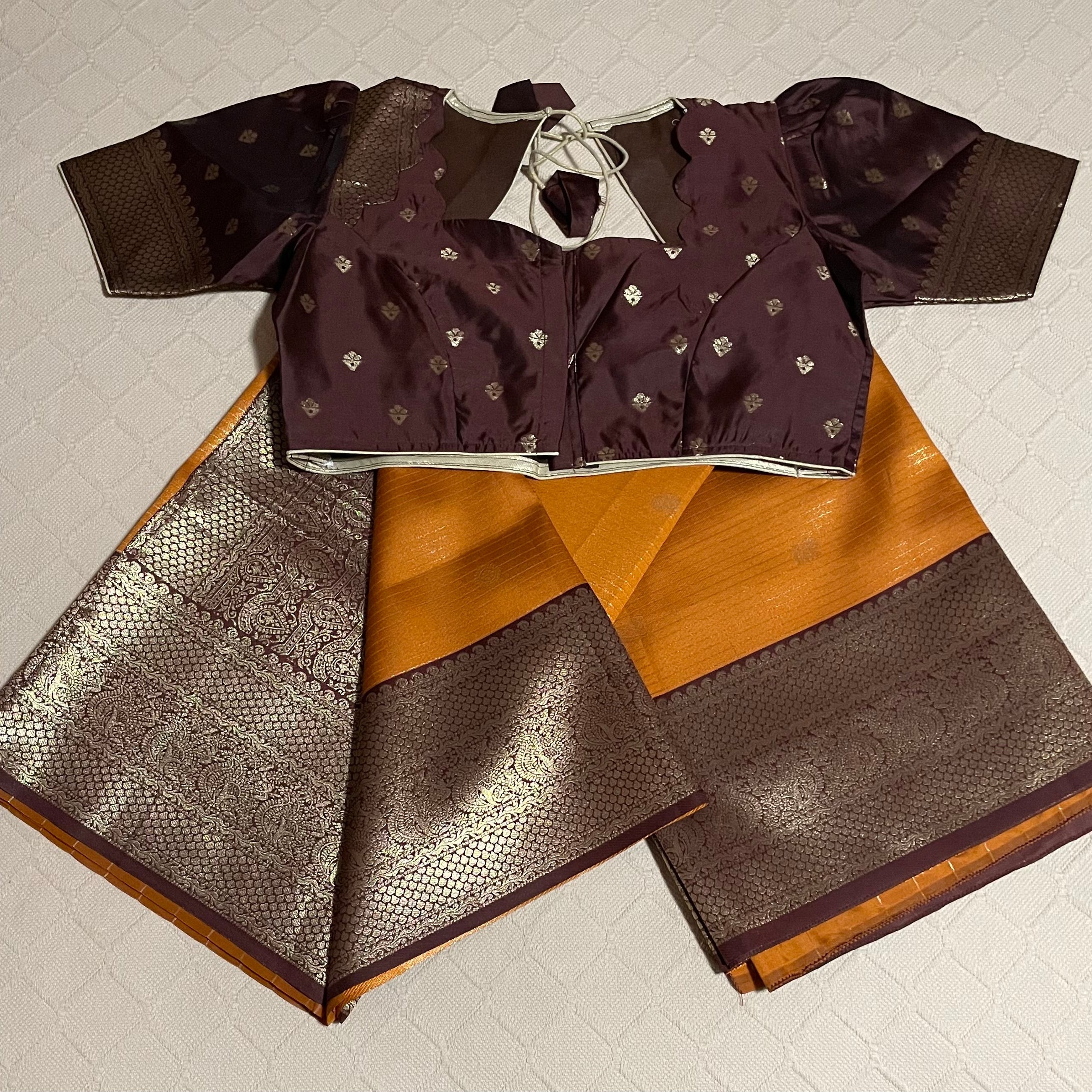 Traditional Semisilk Saree in rust orange and brown with ready to wear blouse