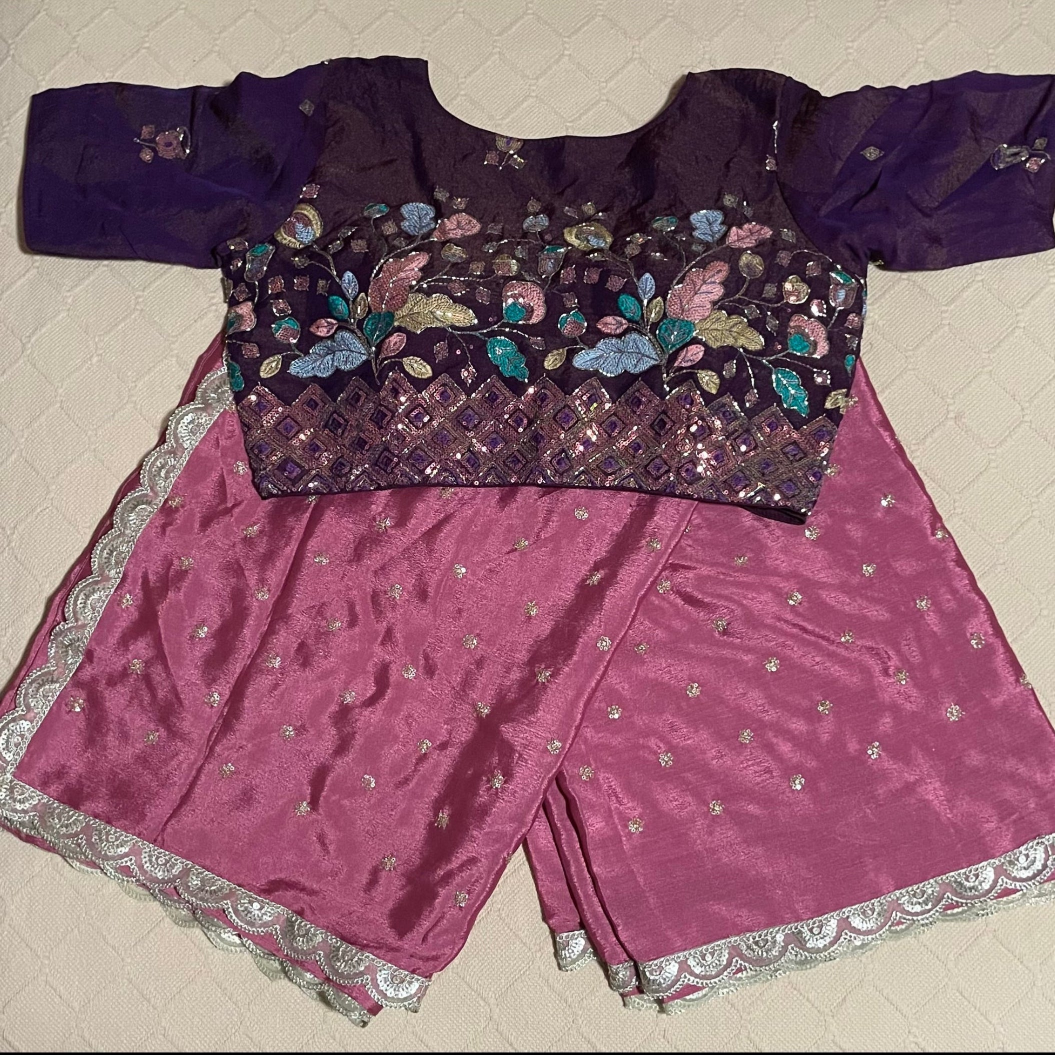 Fancy Chinon Saree pinkish lavender and purple color with ready-to-wear blouse